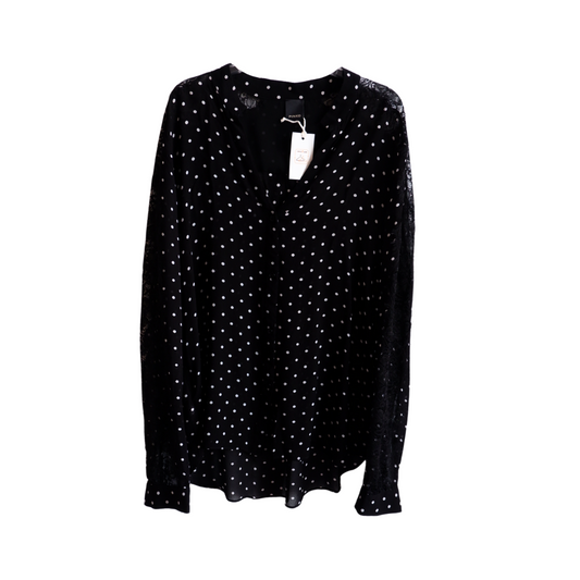 Zwarte blouse met witte bollen en kant