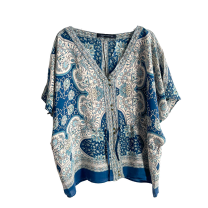 Blauwe wijde blouse 100% zijde