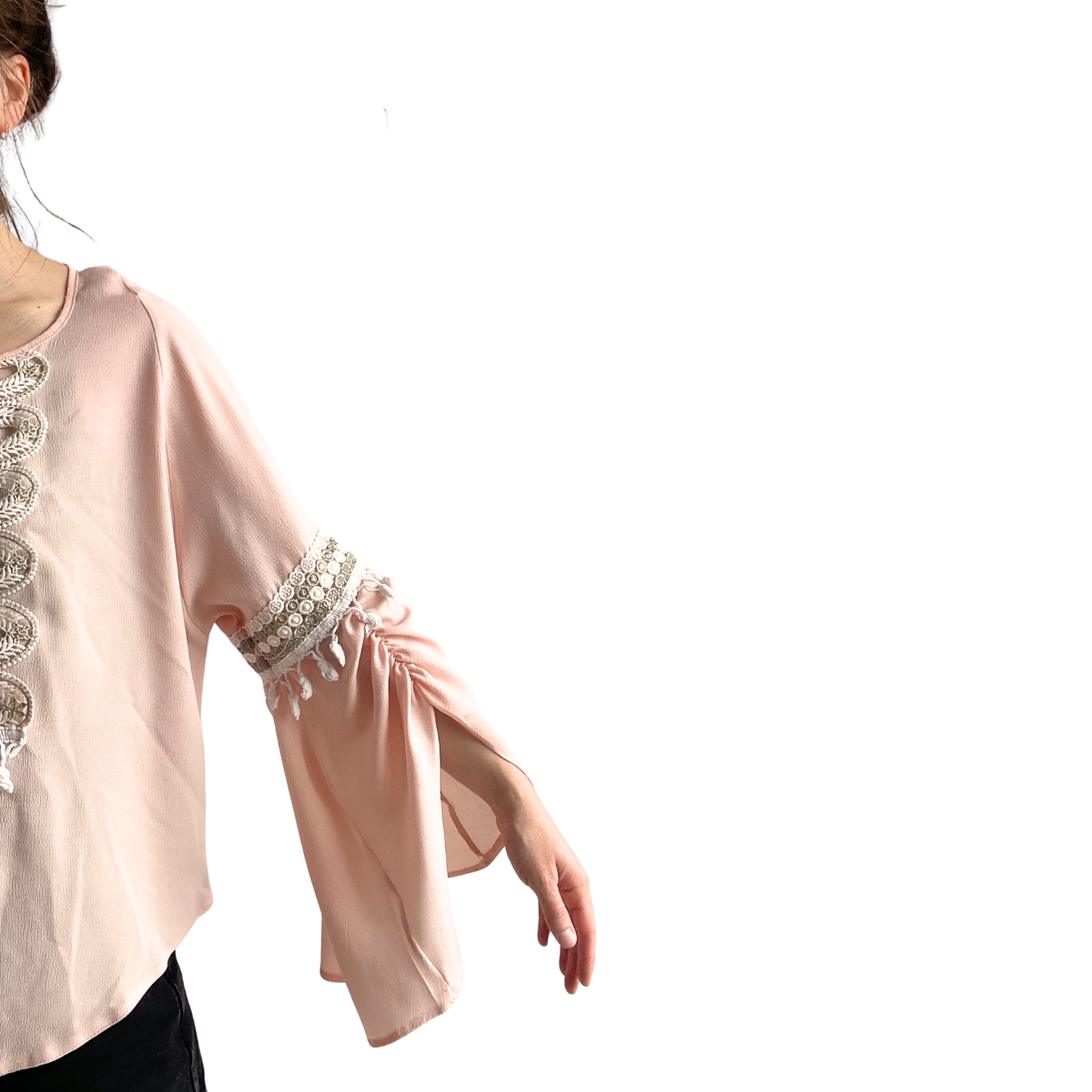 Roze blouse met frivole mouwen